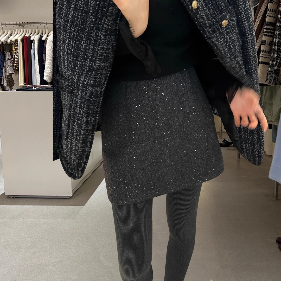 2026秋季小个子高腰满天星包臀裙黑色闪闪亮片毛呢不起球半身短裙