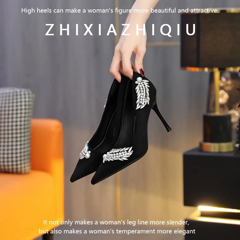黑色水晶女尖头细跟2025年新款配裙子真皮法式通勤职业单鞋女士