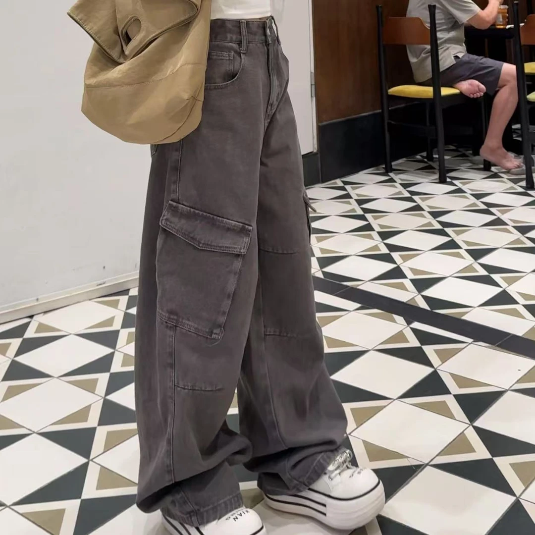 EZ8956-【早秋新款】太空灰设计百搭显瘦无弹水洗美式老爹堆堆裤