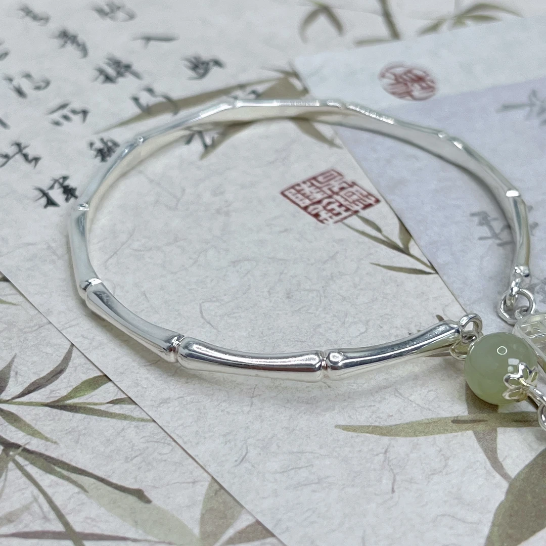 足银手镯 黔艺银阁 纯手工 足银竹韵流苏开口镯