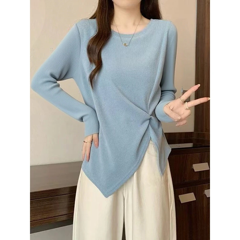 大码蓝色正肩t恤长袖女2025新款秋季胖mm不规则遮肚显瘦微胖上衣