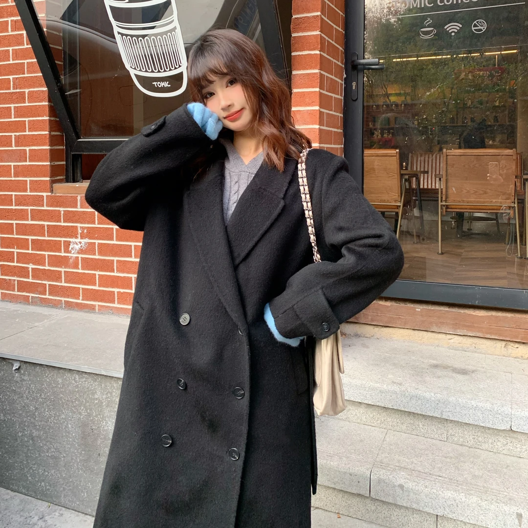 双开门黑色双面羊绒大衣女中长款宽松显瘦气质韩系小个子西装外套