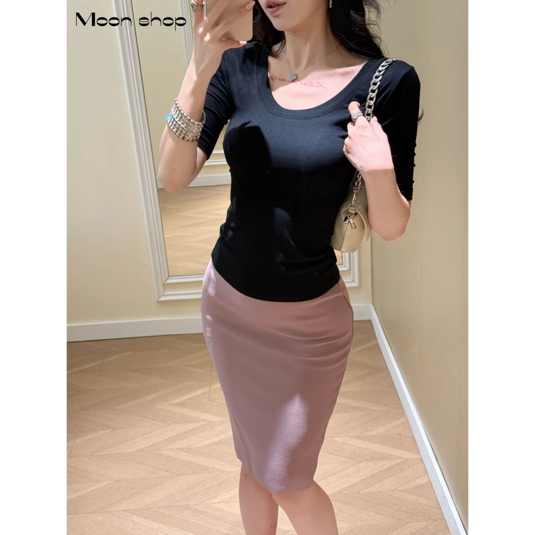 Moon 黑色上衣T恤大圆领弹力短袖气质修身百搭打底夏季新款-X566