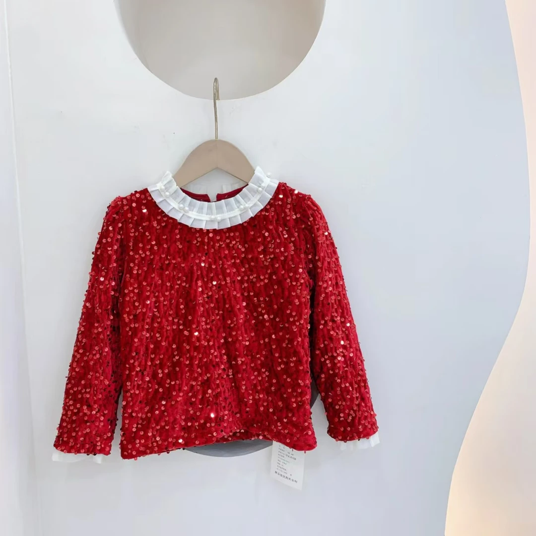 241889 女童冬季韩版百搭亮片领口珍珠休闲长袖卫衣