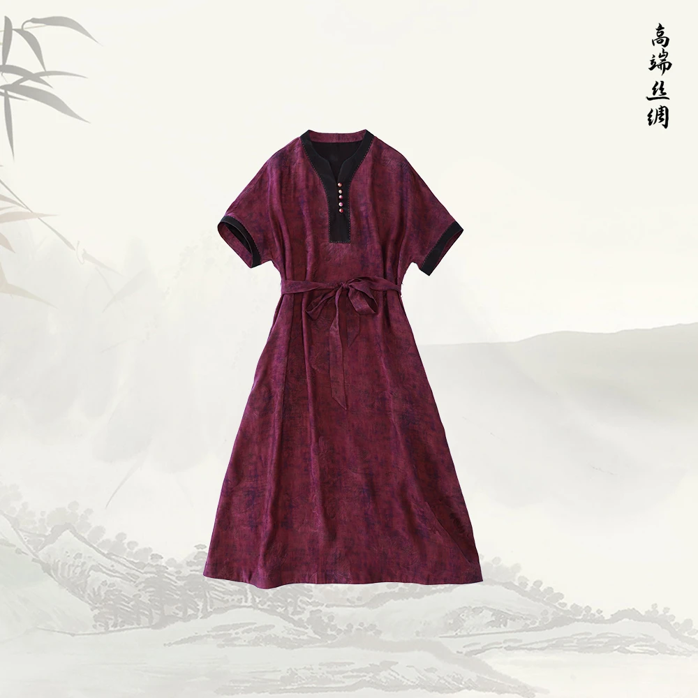品牌新款拼接撞色气质新中式短袖连衣裙526299