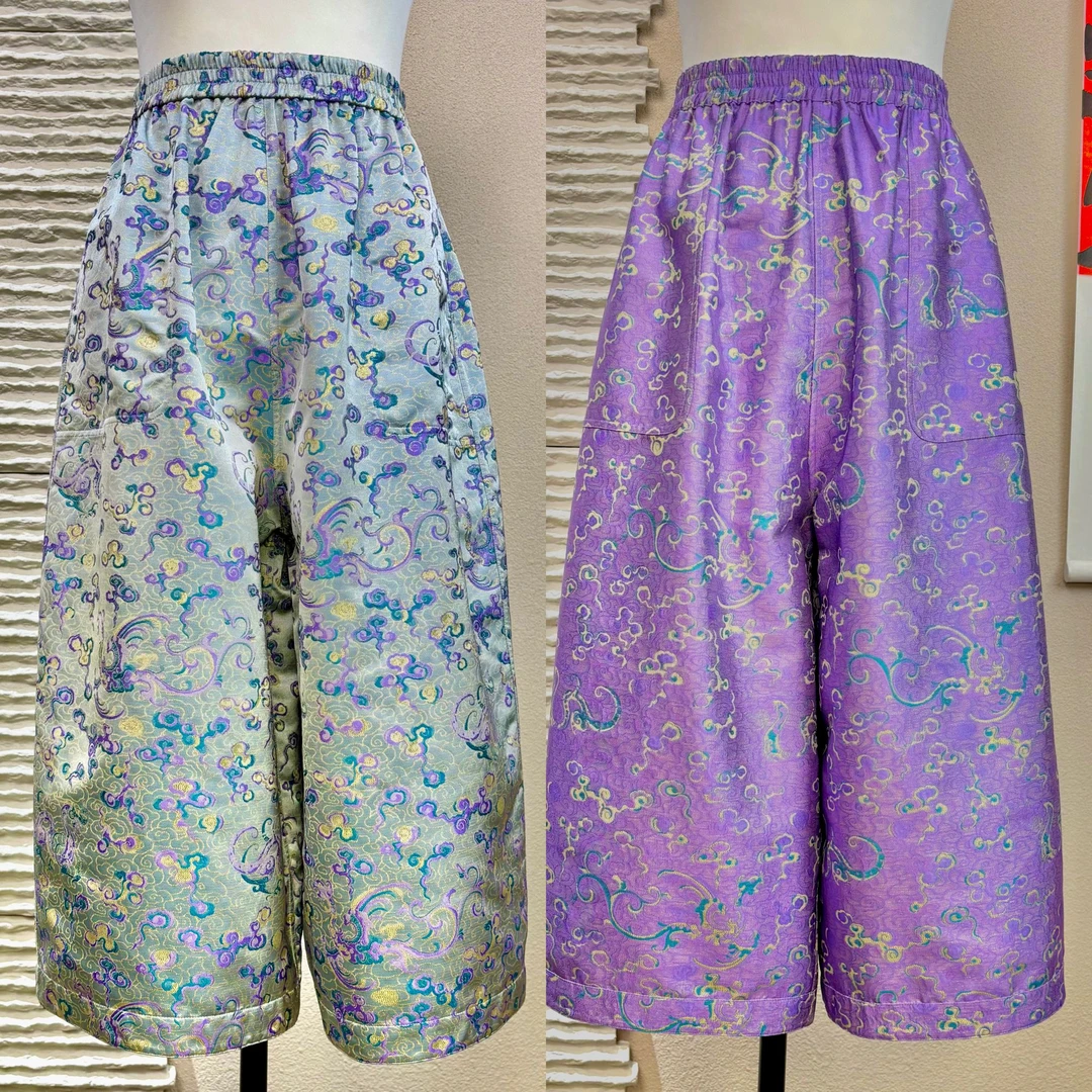 【紫霄】新中式桑蚕丝宋锦双面穿休闲百搭宽松紫色长裤250423