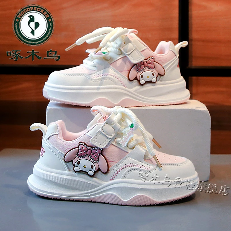 啄木鸟美乐蒂女童鞋子2025新款秋季儿童皮面软底运动鞋女孩小白鞋