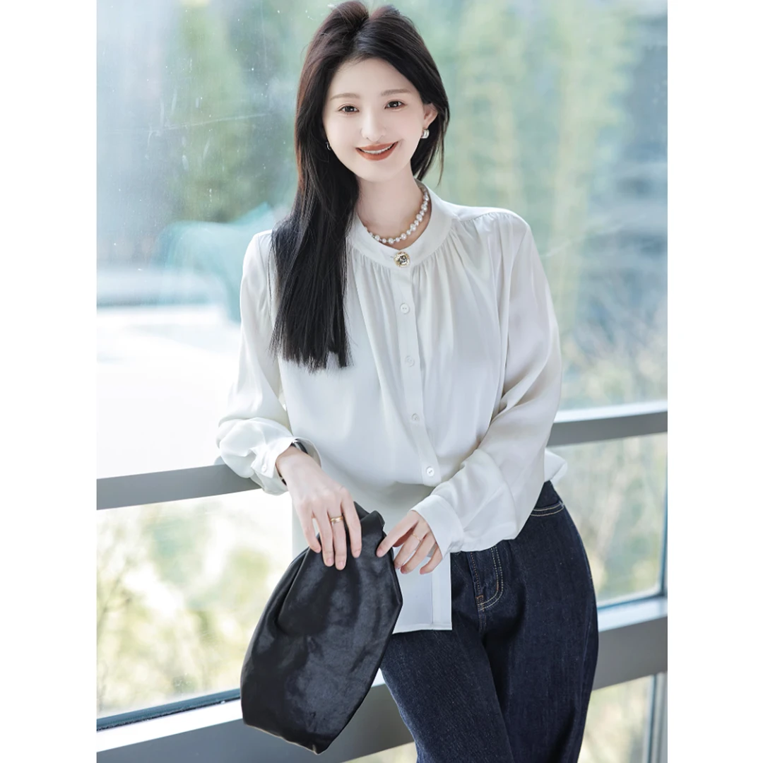 【赵大喜】现货！欧尼真.丝衬衫｜圆形立领真.丝衬衫25新款宽松打底衫