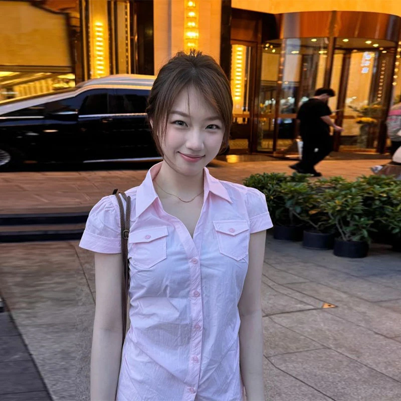 超显身材~粉色Polo领短袖衬衫女夏季美式bm辣妹修身显瘦开衫衬衣