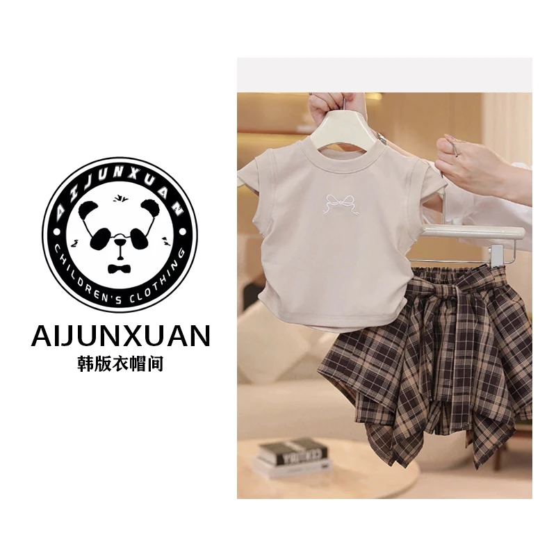 【现货】2025韩版女童夏装套装时尚网红女宝短袖格子裙裤休闲两件套