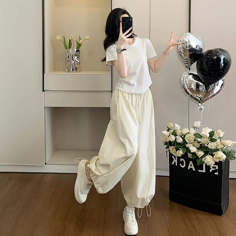 3836短袖套装女灯笼裤夏阔腿裤蕾丝帽上衣减龄小个子束脚裤套装