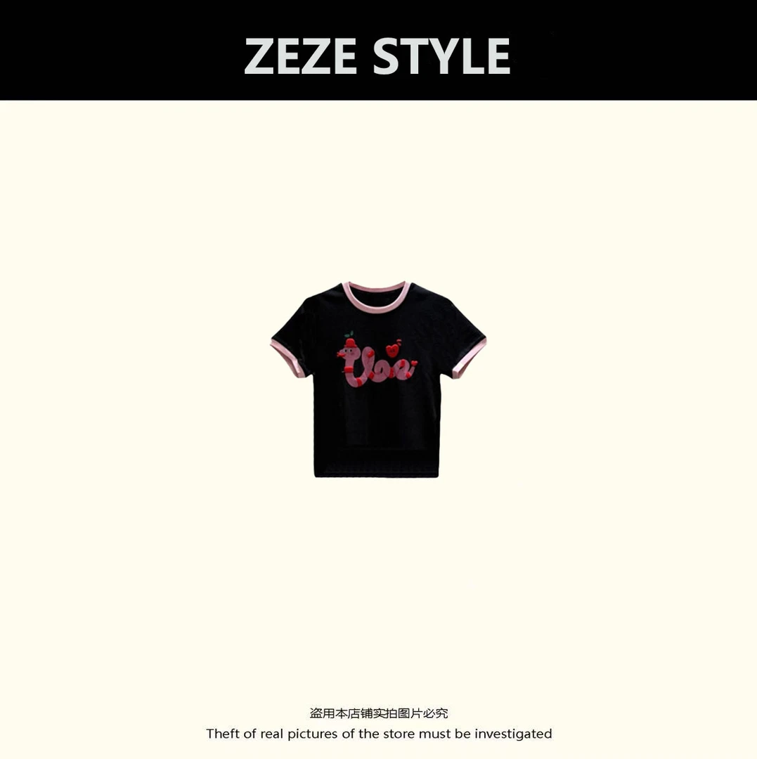 【多多专属】小众设计趣味蛇印花休闲修身短袖T恤女夏季2025新款