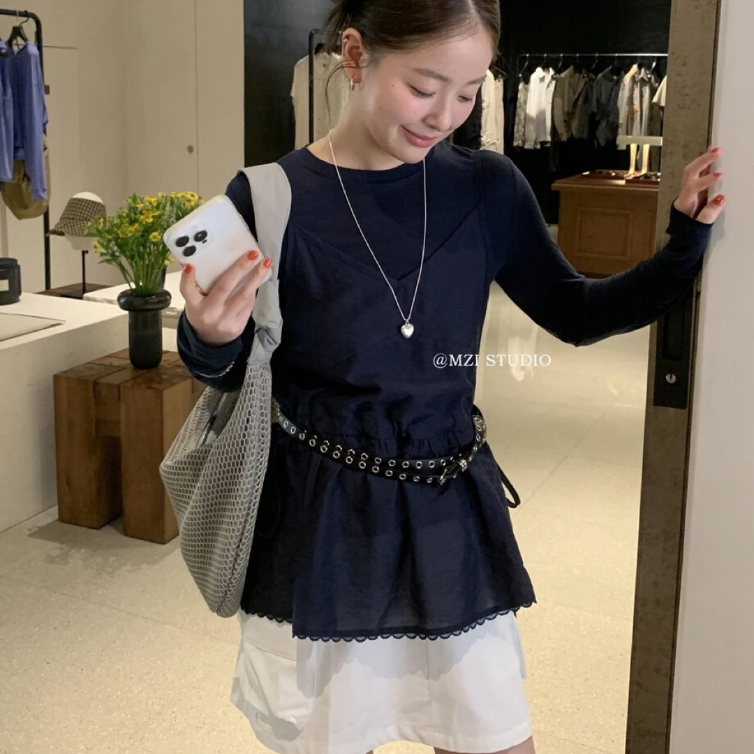 秋季韩系修身圆领纯色长袖T恤搭配花边下摆吊带背心套装