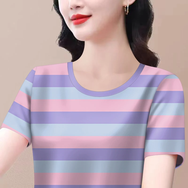 好品捡漏~夏季款条纹短袖t恤女大码宽松遮肚显瘦圆领打底上衣时尚