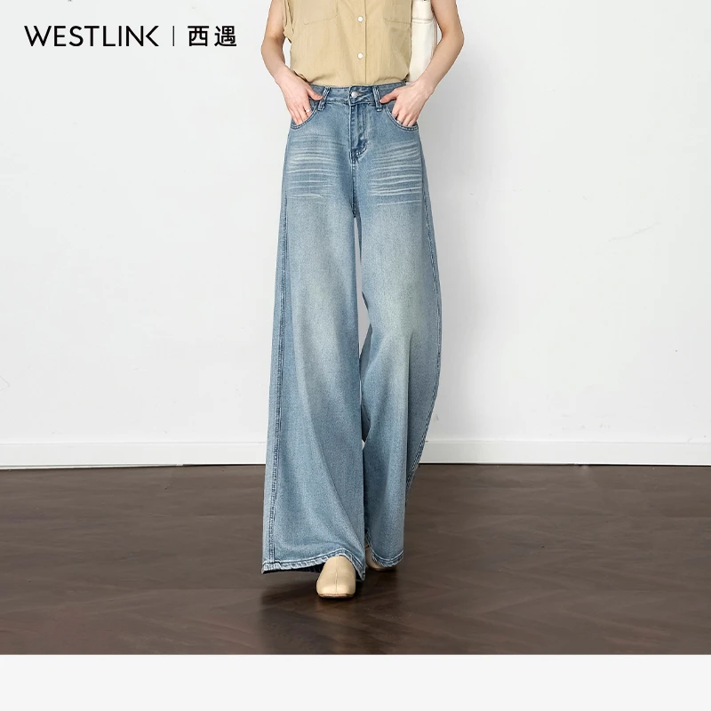 0423西遇浅蓝色水洗牛仔裤女2025年春季新款直筒高腰慵懒风阔腿裤