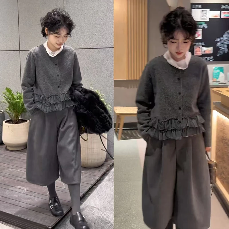 秋冬时尚一整套女装2025年新款百搭拼接下摆长袖上衣休闲裤两件套