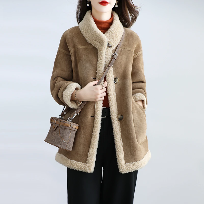 秋冬季新款海宁两面穿颗粒绒皮草外套女中长款保暖羊羔毛立领大衣