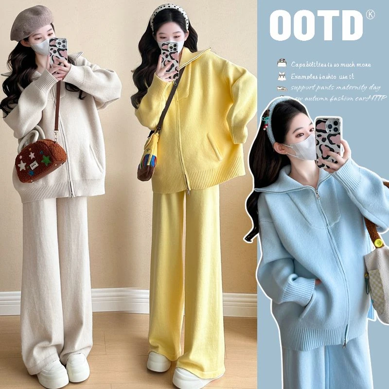 孕妇装秋冬网红软糯亲肤拉链翻领口袋款毛衣休闲款时尚高级套装