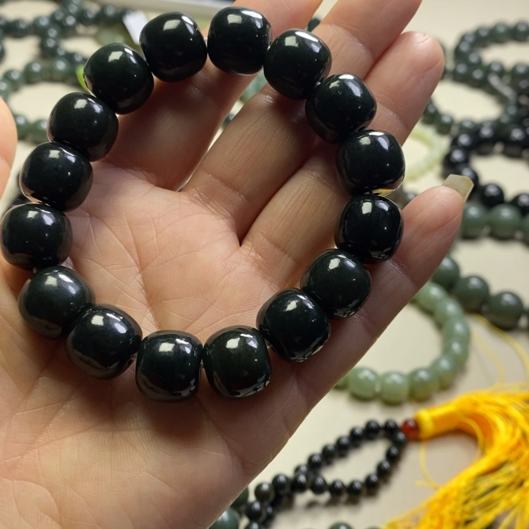 和田玉未镶嵌手链新疆和田黑青玉卡14老型手串