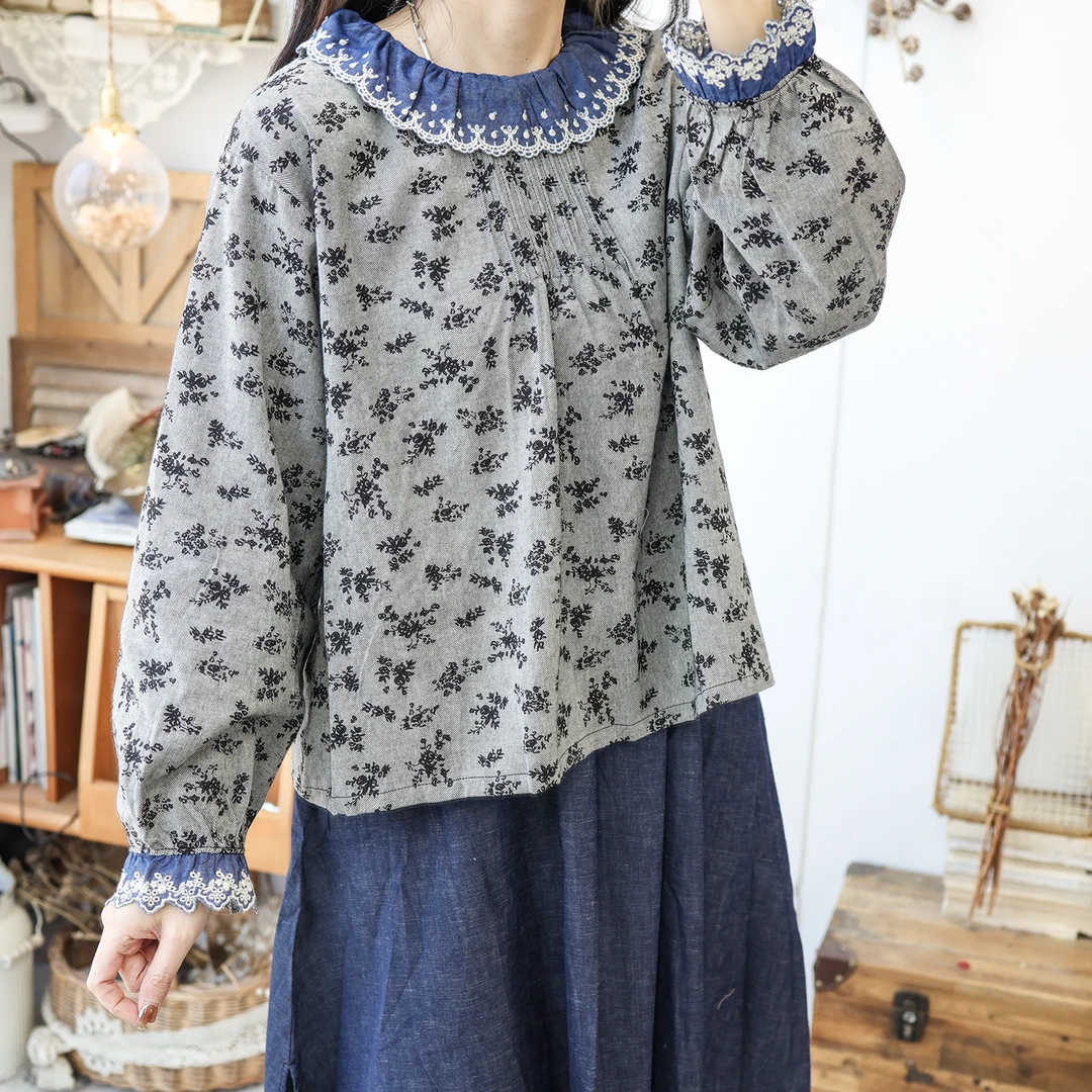 美村日系复古碎花圆领衬衫早春新款设计拼接花边宽松上衣女2025
