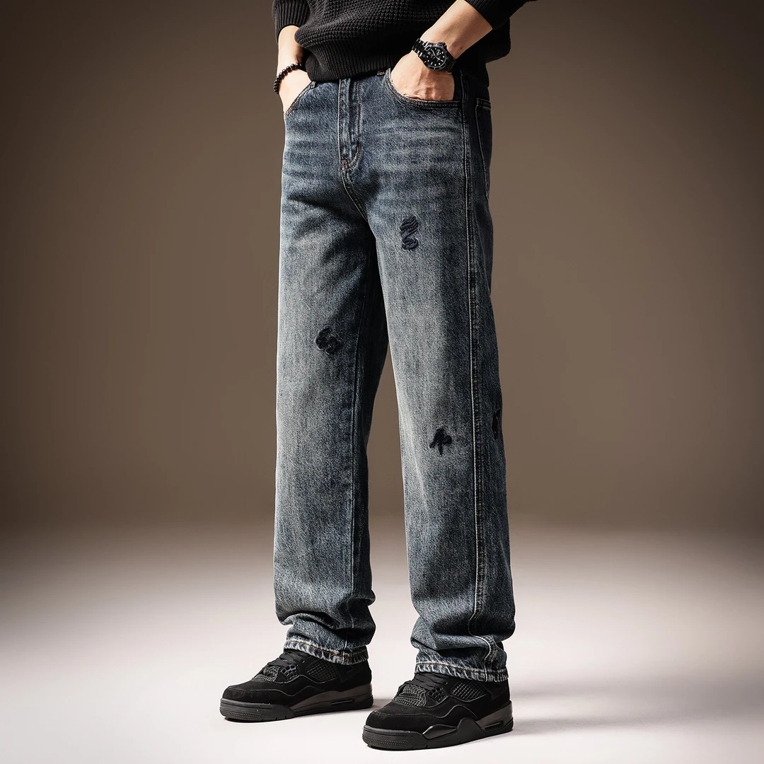 高端美式复古刺绣水洗牛仔裤男士2025秋季新款宽松直筒休闲裤子男