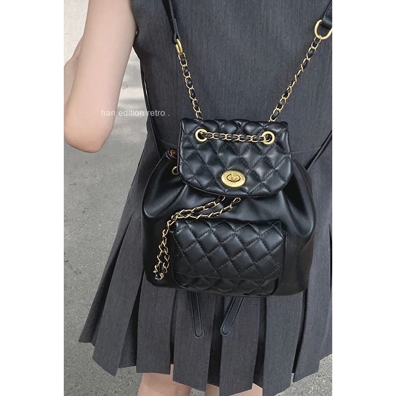 猪家·小香风菱格双肩包女2024新款时尚链条水桶包