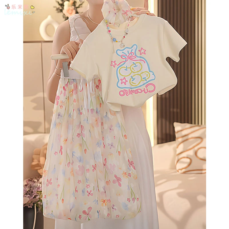 女童印花短袖碎花裤套装2025夏款T恤半袖速干薄款九分花苞灯笼裤