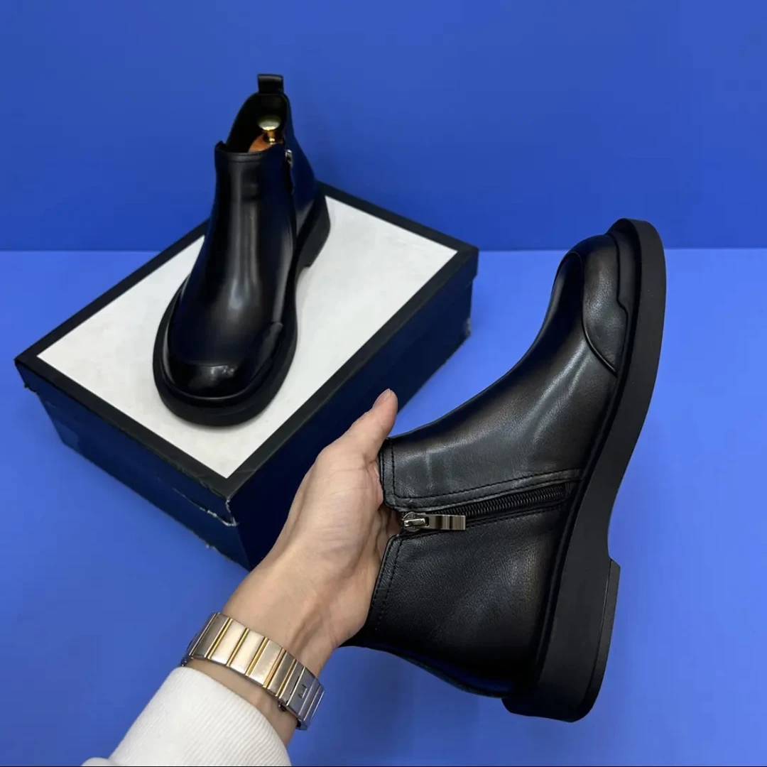 男士马丁靴真皮百搭厚底休闲黑色低跟侧拉链简约男鞋时尚百搭男鞋