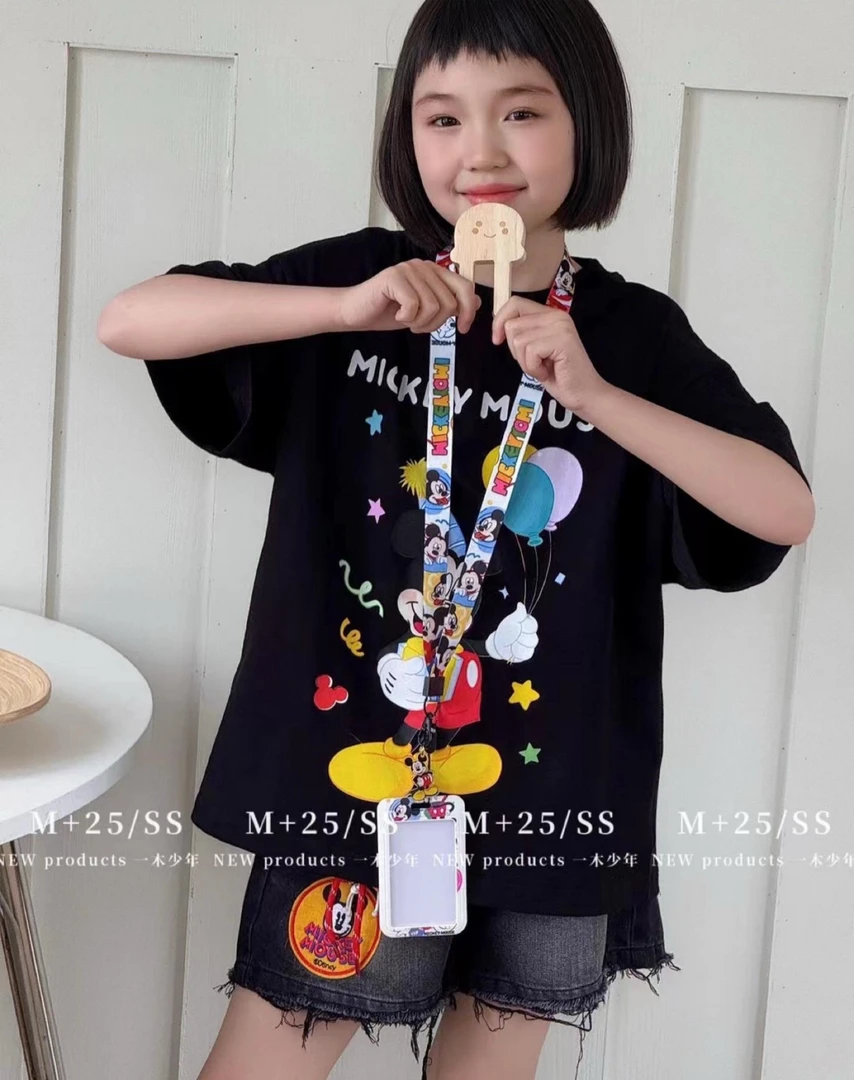 2025夏季女童黑色米奇卡通印花短袖T恤亲子休闲百搭圆领儿童t恤