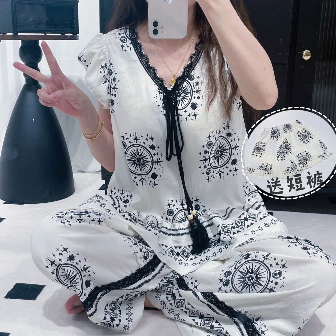 【几何】夏季印花绑带飞袖三件带杯垫睡衣睡衣女款爆款2025新款2457