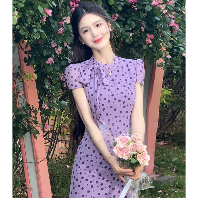 【有里布】韩系紫色波点长裙2025夏新品鱼尾裙连衣裙D2181