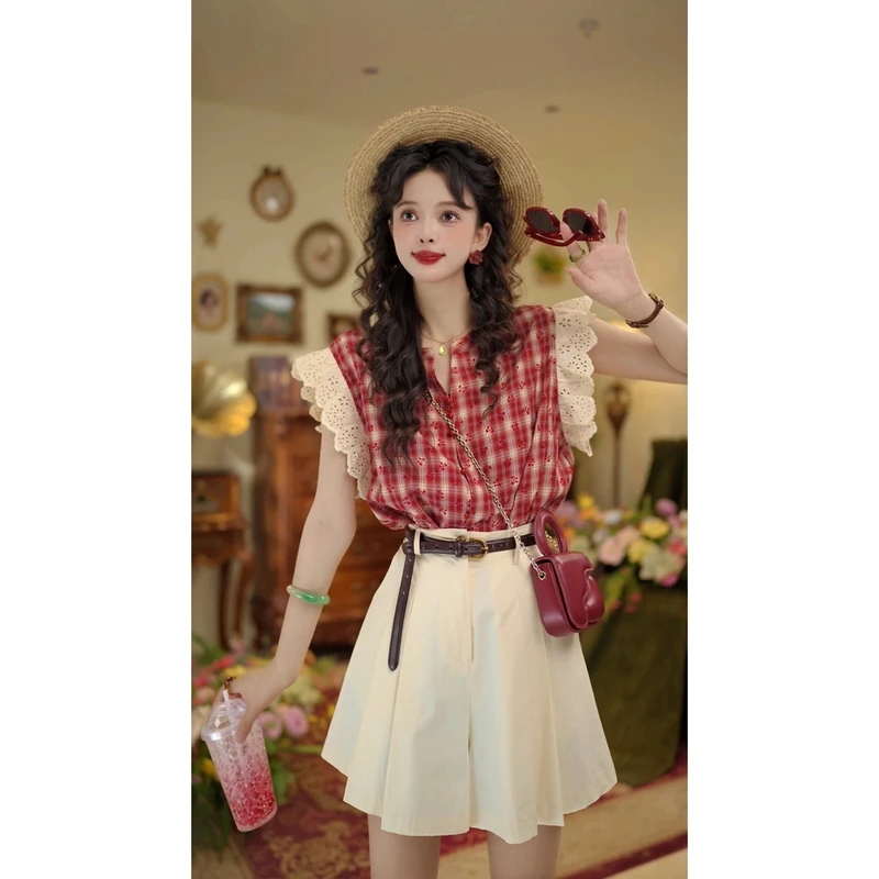 港风复古格子印花衬衫夏季小个子宽松显瘦飞飞袖女装小衫上衣