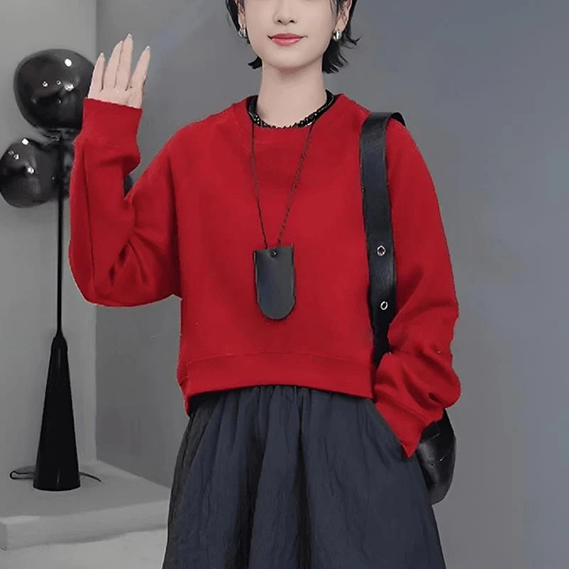 “热烈”2025秋季休闲百搭长袖圆领不规则纯色卫衣通勤显瘦红色上衣