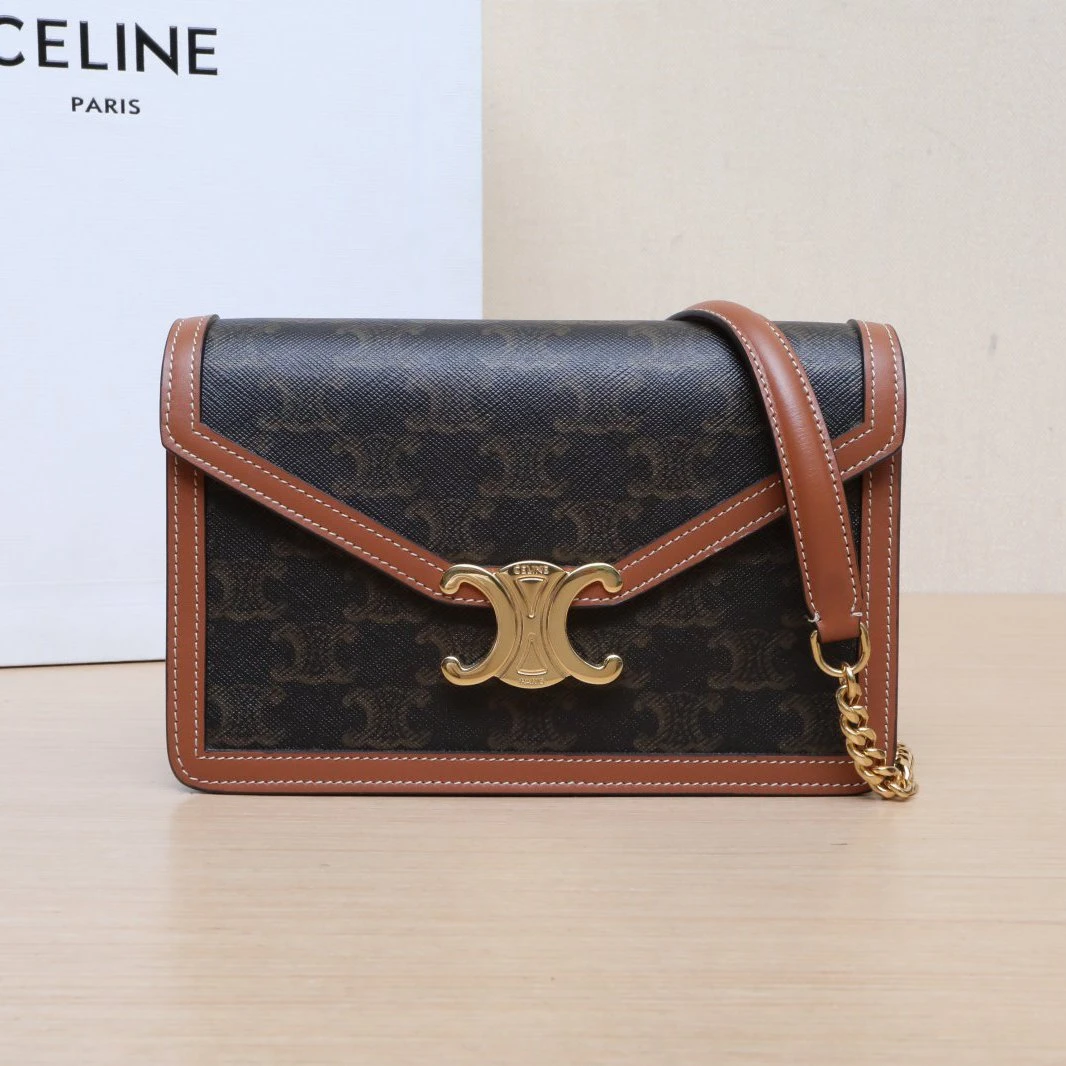 99新 Celine/思琳 小花双双 老花 PVC 凯旋门 woc链条包 信封包