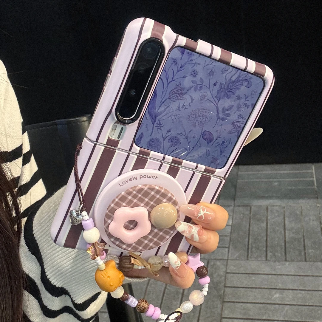 适用华为purax典藏版折叠屏手机壳PuraX紫色条纹立体花朵磁吸支架