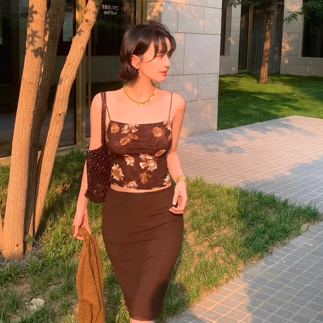 酒午自制【墨韵】法式复古短款小细带性感印花吊带背心女KLF4194