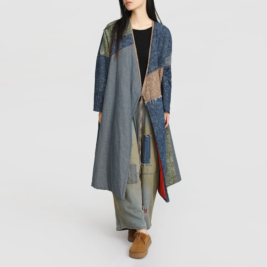 休闲舒适双层夹棉保暖外套女冬季新品中式系带复古拼接时尚棉服