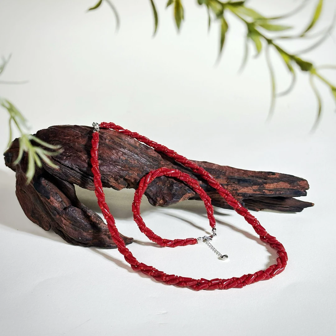 【甘棠-沙丁牛血】天然珊瑚制品麻花项链/手链/套装-28009