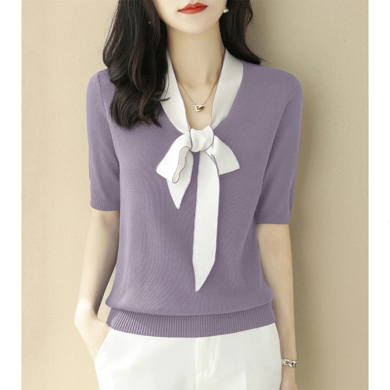 夏季2025年宽松V领上衣新款女装飘带蝴蝶结系带拼色五分袖针织衫