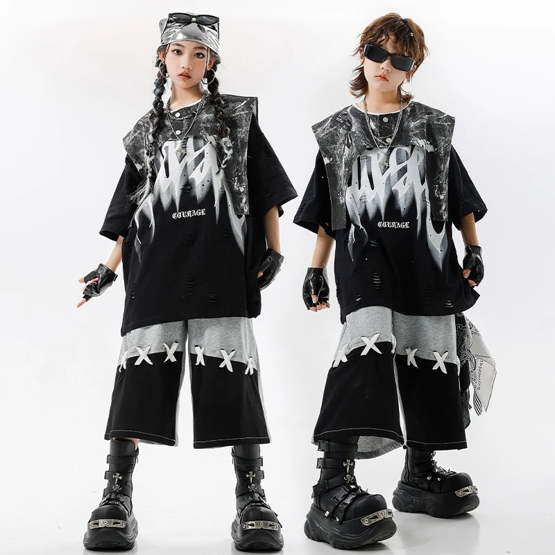 街舞儿童潮服黑色破洞演出服男童套装hiphop女童架子鼓酷帅表演服