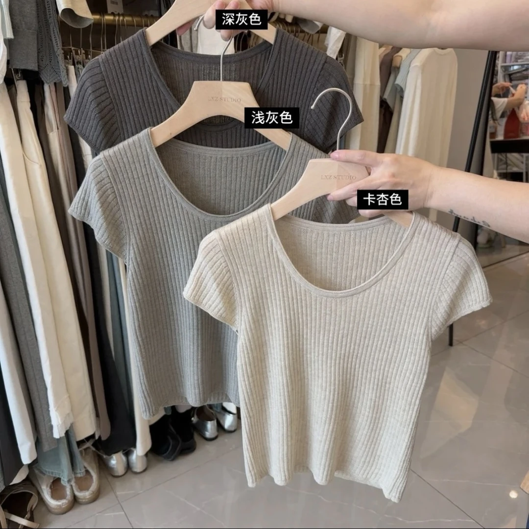 短袖冰丝针织上衣女夏季小众修身显瘦设计感薄款圆领