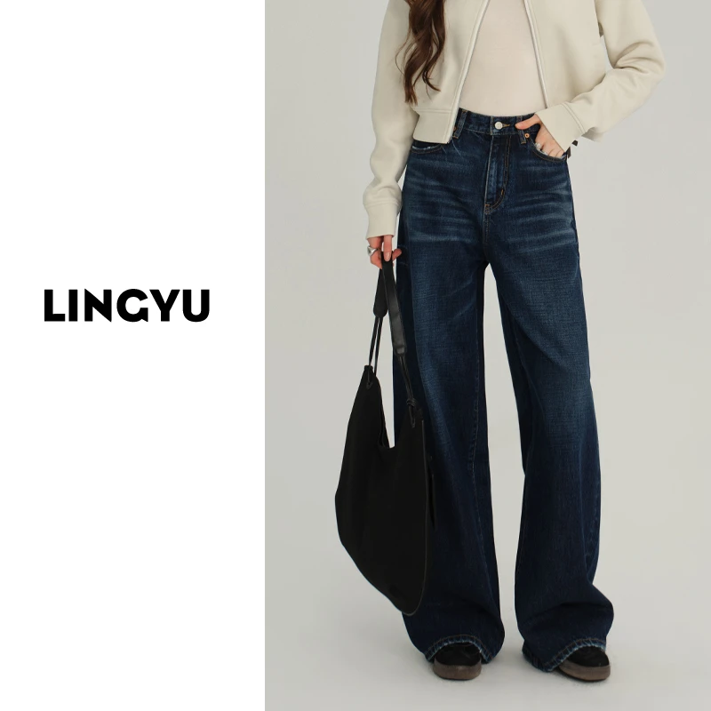深海蓝轻奢阔腿牛仔裤女2025秋季直筒高腰显瘦直筒松弛感高级百搭