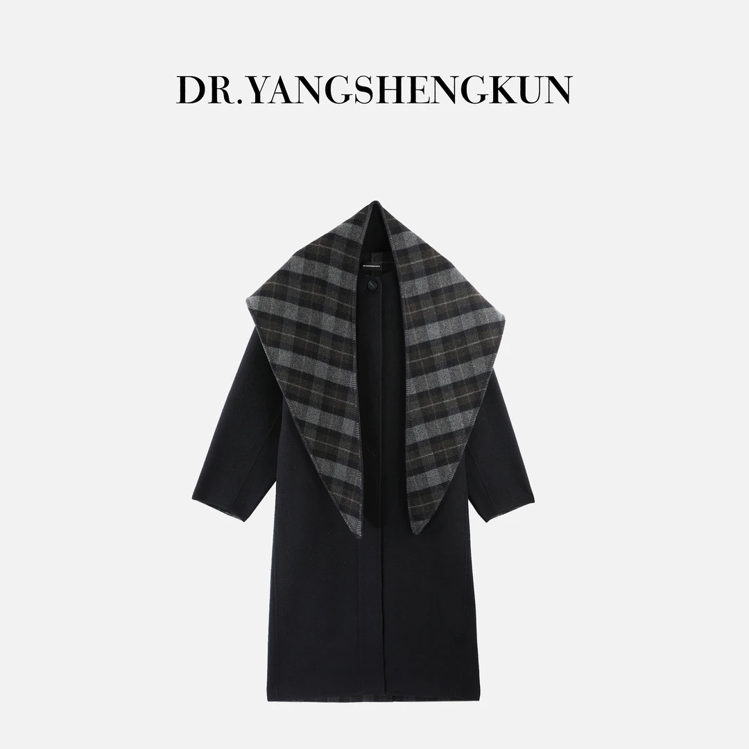 杨圣坤2025冬季新品100%澳洲羊毛格纹披肩双面呢大衣外套TR251026