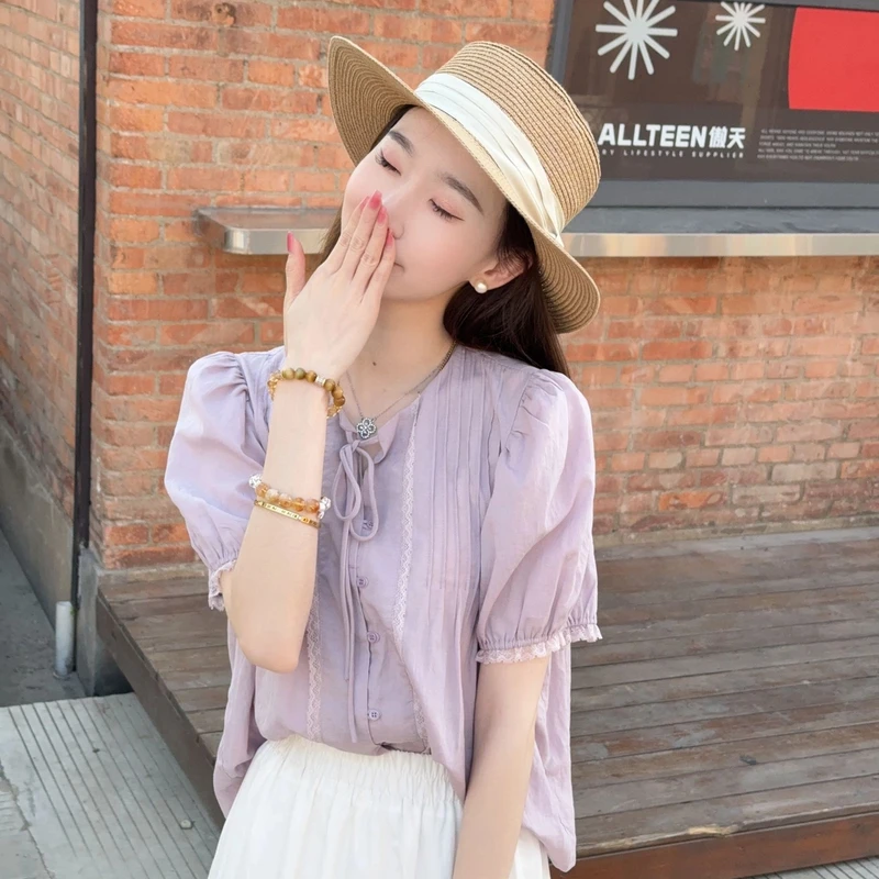 【紫气香雾】马克华菲女装夏季气质设计感短袖上衣F52003A501