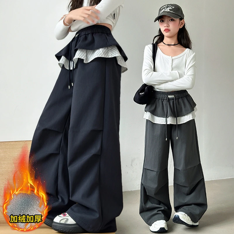 女童加绒屁帘花边工装裤2025冬款中大童街舞爵士舞加厚潮裤休闲裤