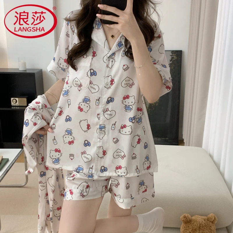 【浪莎】三件套冰雪丝女装短袖睡衣夏季薄款卡通蜡笔小新翻领家居服