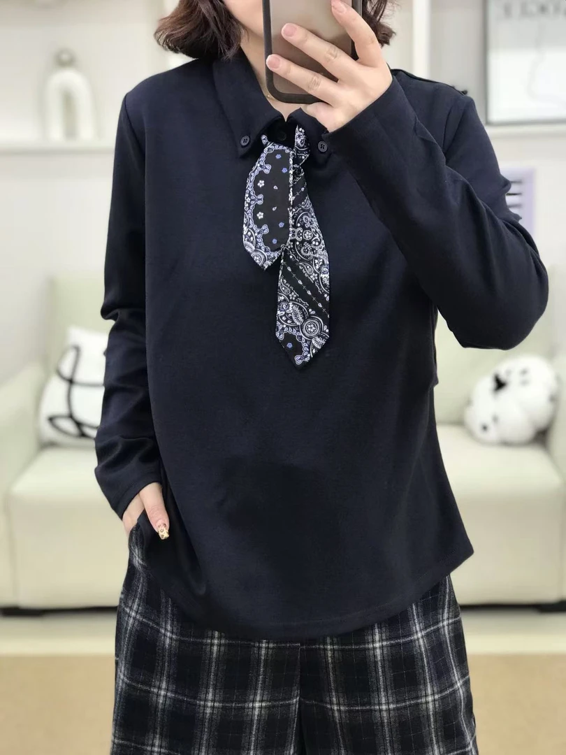 {莹莹推荐}3866秋季大码女装经典翻领丝巾打底T恤