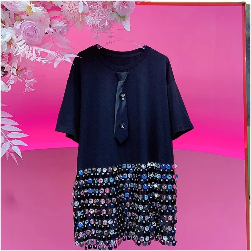 X21563欧美设计师2025夏季新款重工亮片领带宽松休闲短袖T恤女