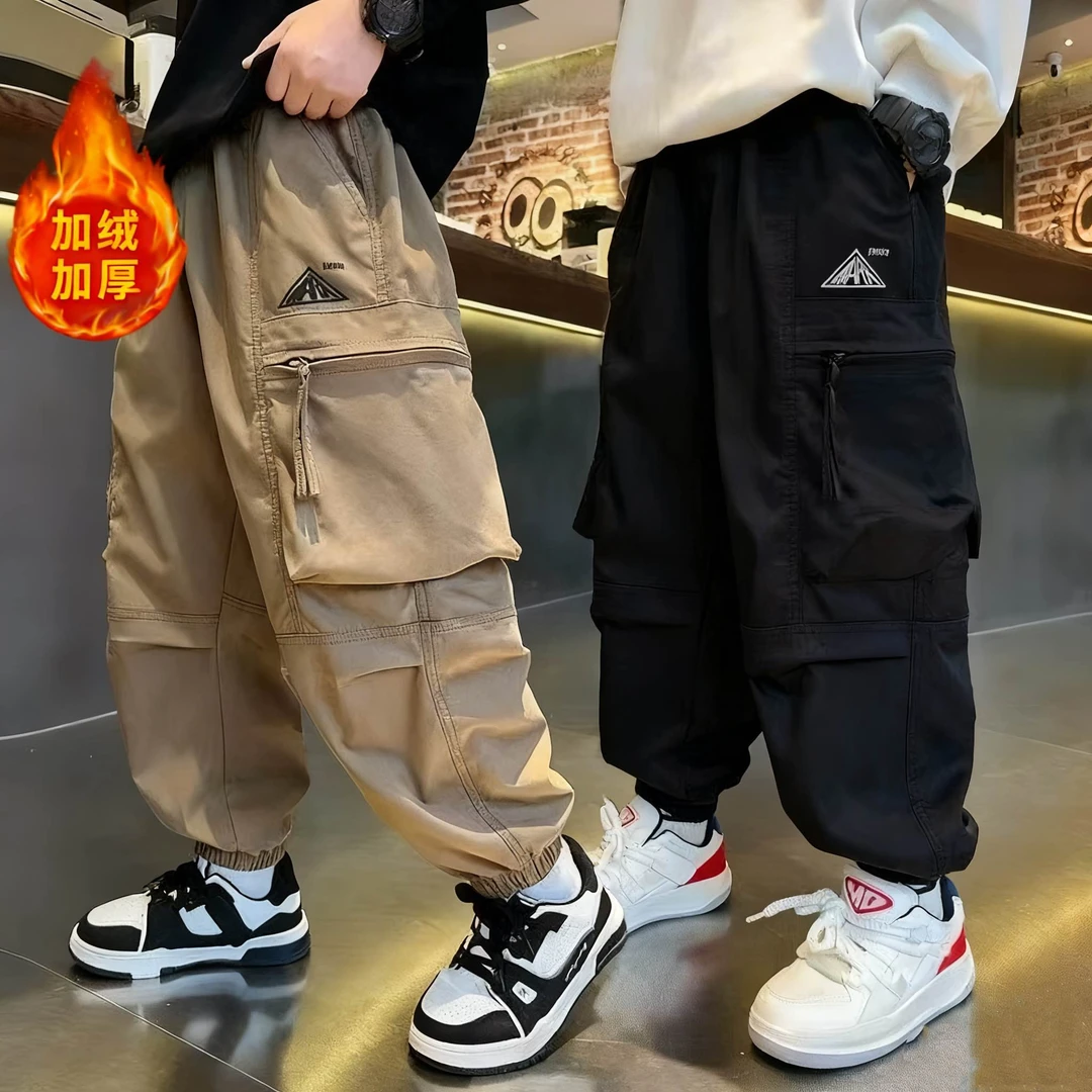 新款男童工装裤加绒中大童帅气秋冬工装裤儿童宽松加厚休闲裤长裤