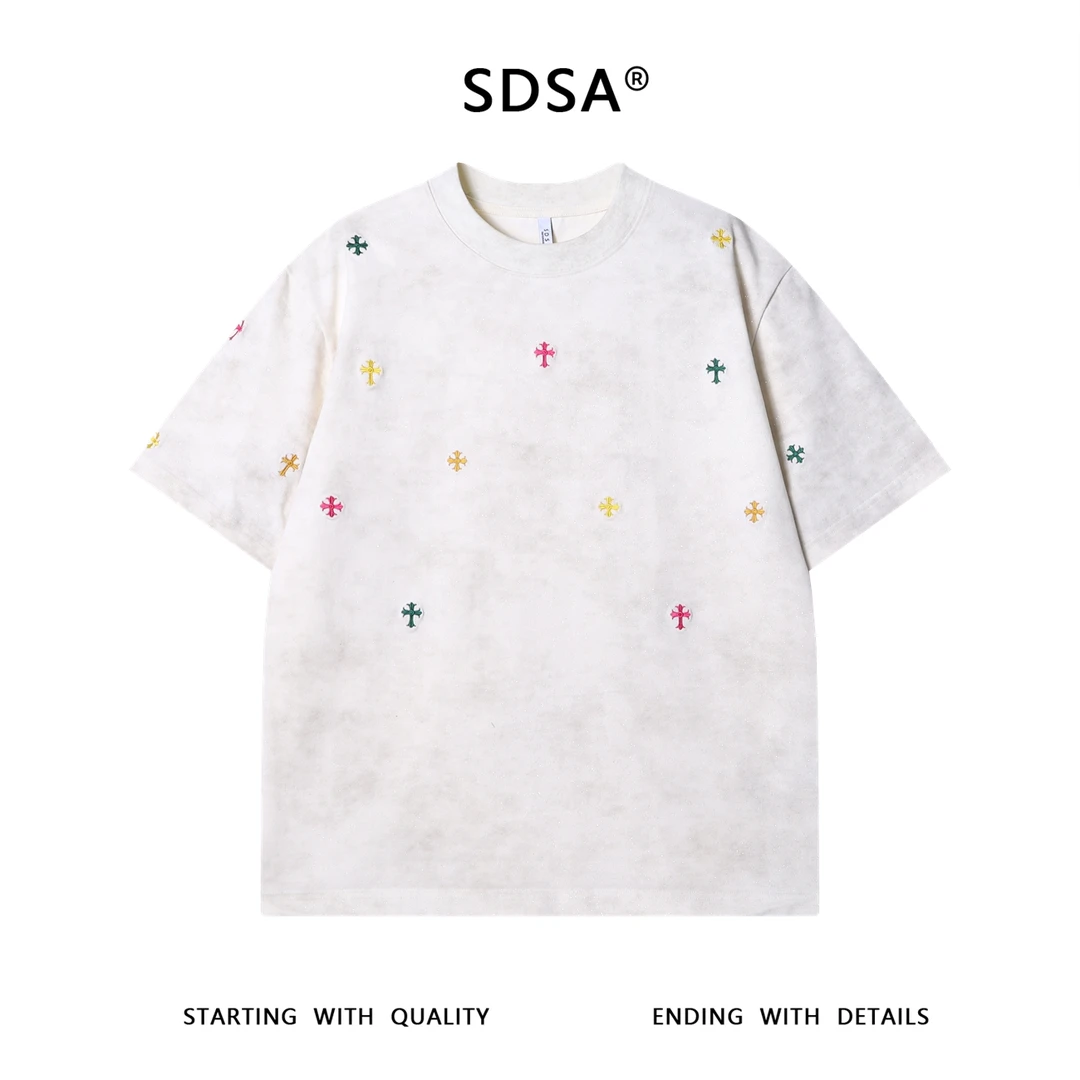 夏季高级感新款潮牌满天星彩色刺绣十字圆领短袖T恤时尚百搭上衣